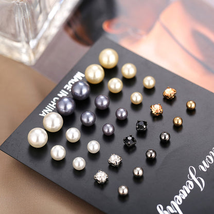 Pearl and diamond stud earrings set 15 pairs of earrings