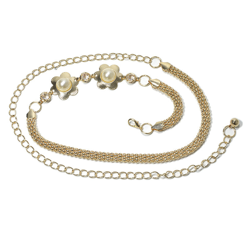 Flower inlaid pearl elastic waist chain
