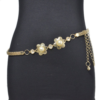 Flower inlaid pearl elastic waist chain