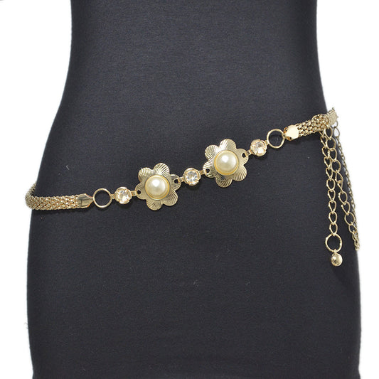 Flower inlaid pearl elastic waist chain