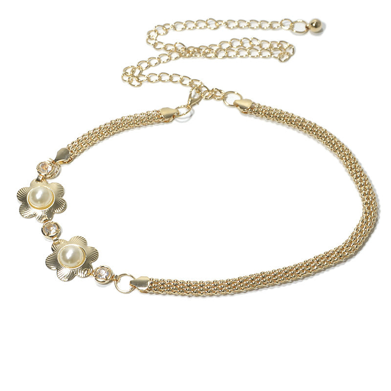 Flower inlaid pearl elastic waist chain
