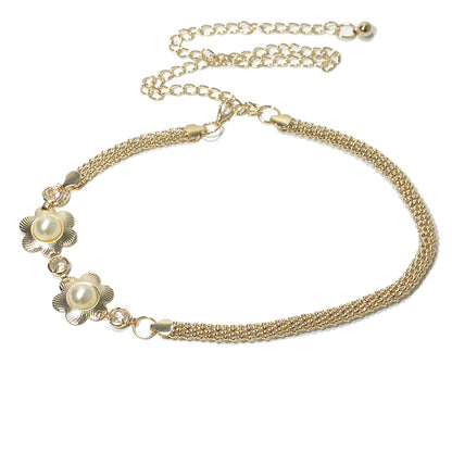 Flower inlaid pearl elastic waist chain