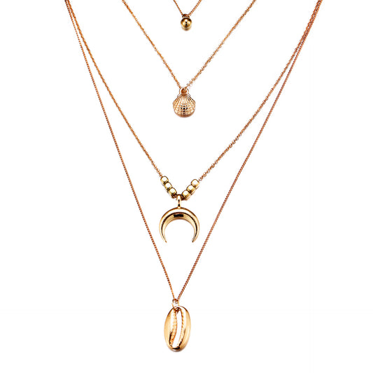 Round Bead Shell Moon Pendant Multi-layer Necklace