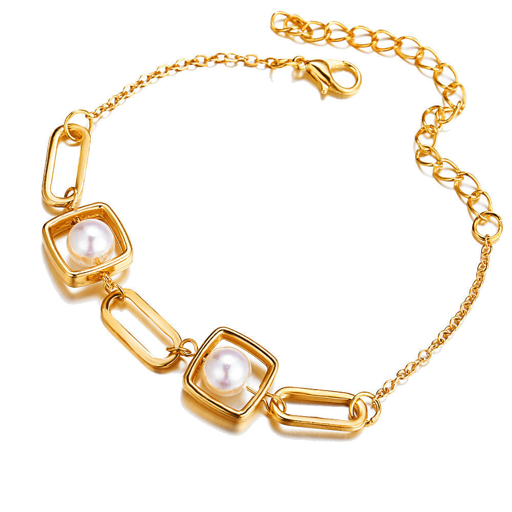Geometric metal bracelet with pearls