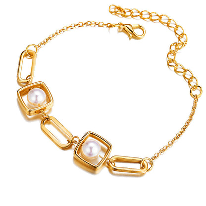 Geometric metal bracelet with pearls