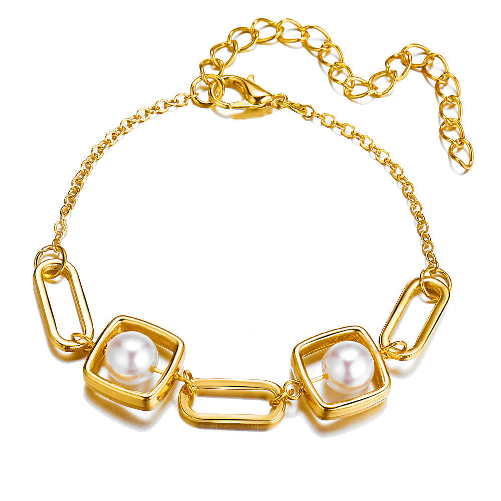 Geometric metal bracelet with pearls