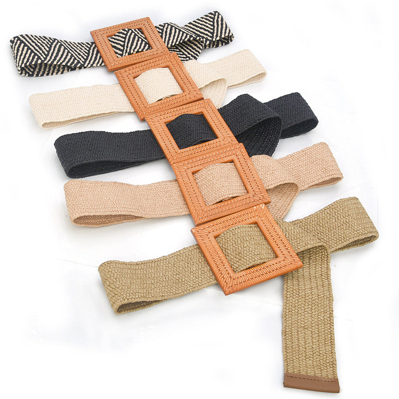 Grass braided wooden buckle women's waist seal
