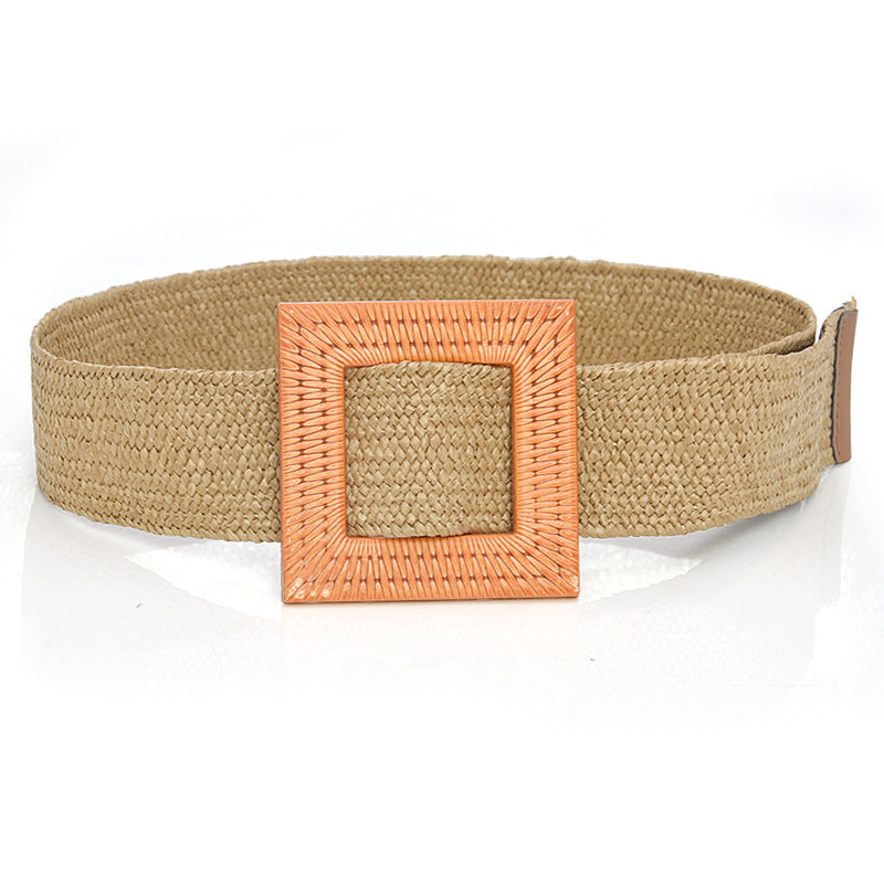 Grass braided wooden buckle women's waist seal