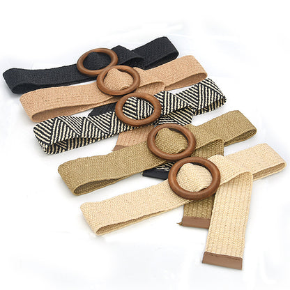 Grass braided wooden buckle women's waist seal