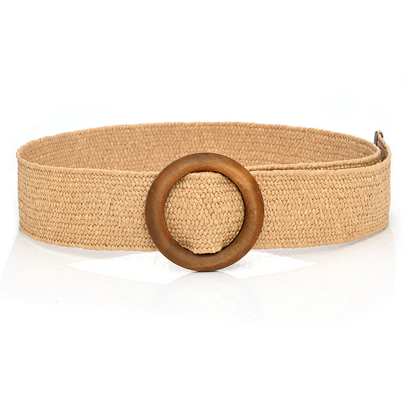 Grass braided wooden buckle women's waist seal