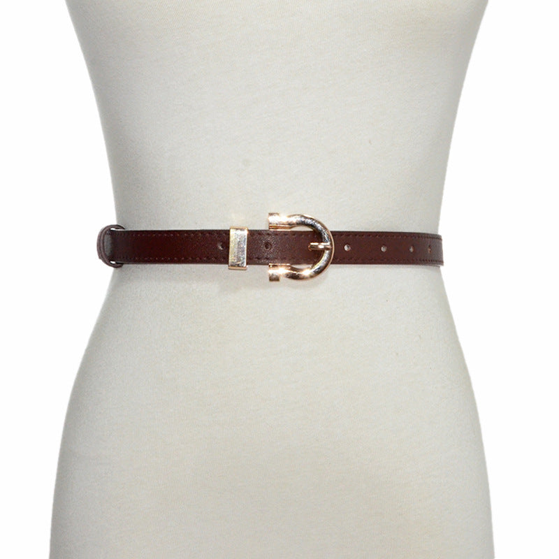 Faux leather seam stitch buckle thin belt