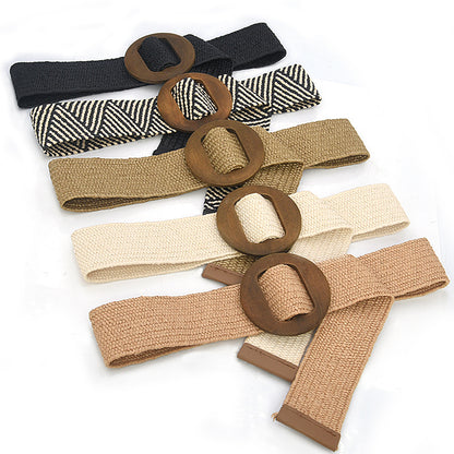 Grass braided wooden buckle women's waist seal