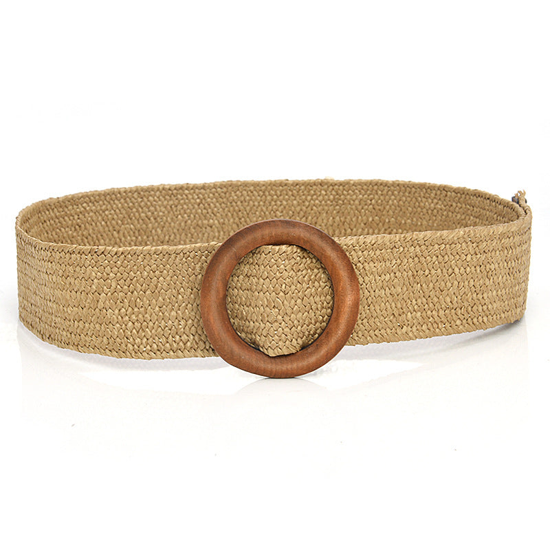 Grass braided wooden buckle women's waist seal