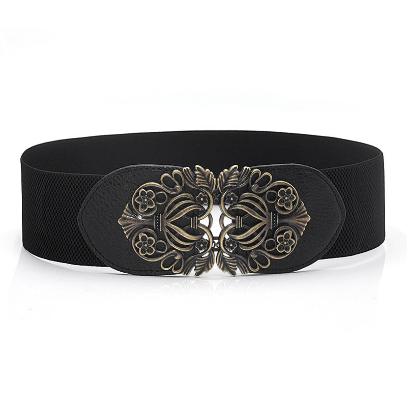Engraved pair buckle elastic wide waist seal
