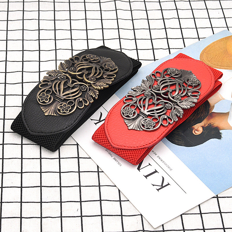 Engraved pair buckle elastic wide waist seal