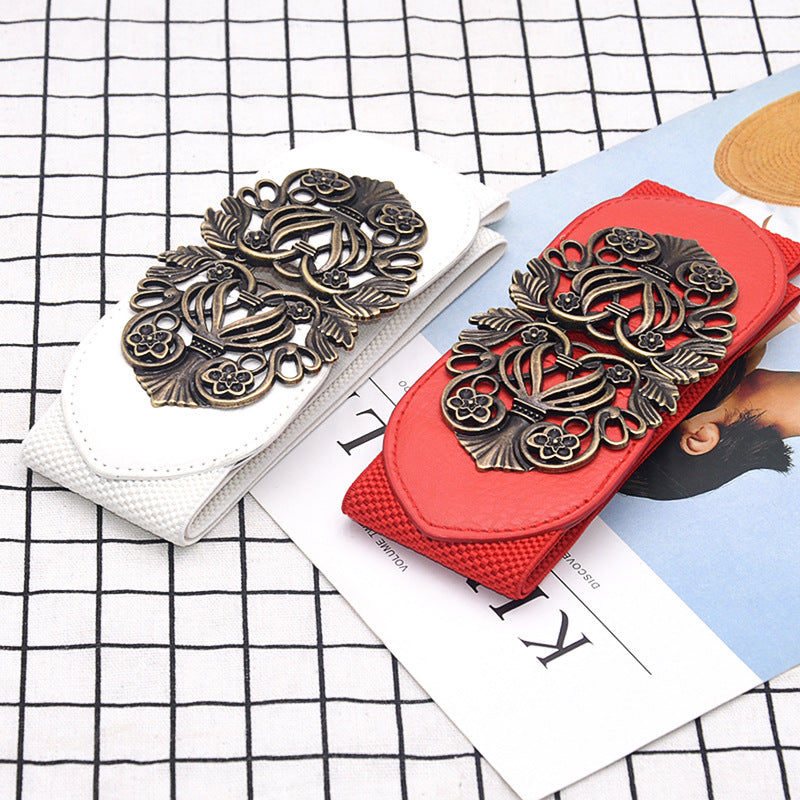 Engraved pair buckle elastic wide waist seal