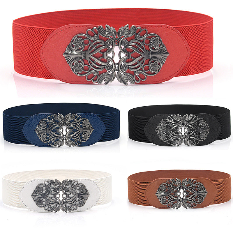 Engraved pair buckle elastic wide waist seal