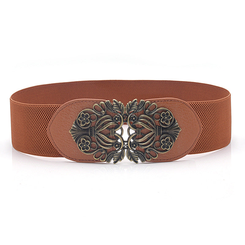 Engraved pair buckle elastic wide waist seal