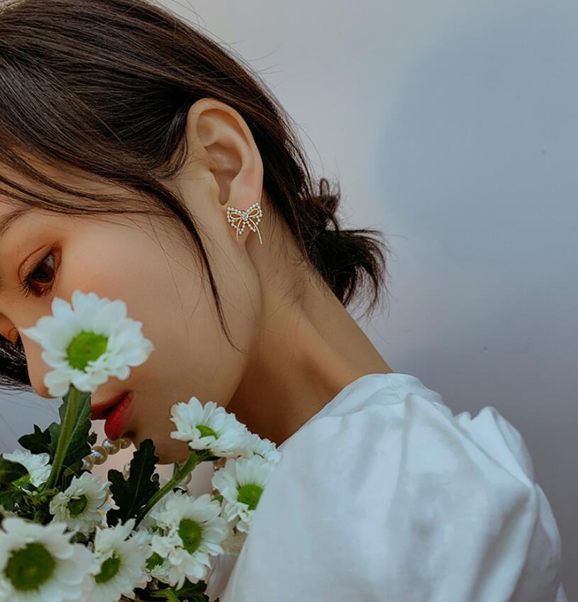 925 Silver Needle Bow Imitation Pearl Earrings