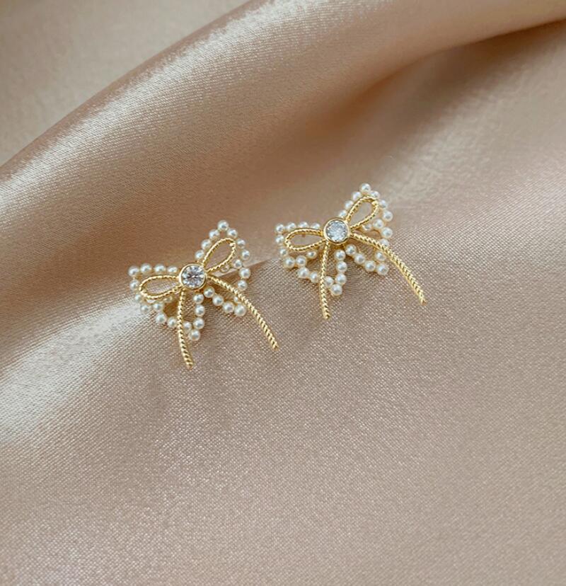 925 Silver Needle Bow Imitation Pearl Earrings