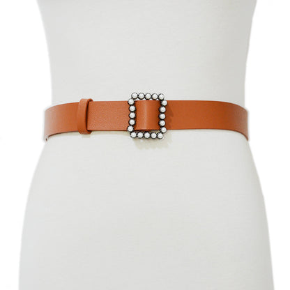 Faux leather pearl buckle belt fashion
