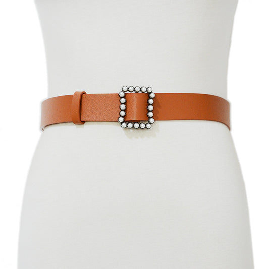 Faux leather pearl buckle belt fashion