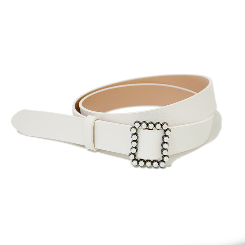 Faux leather pearl buckle belt fashion