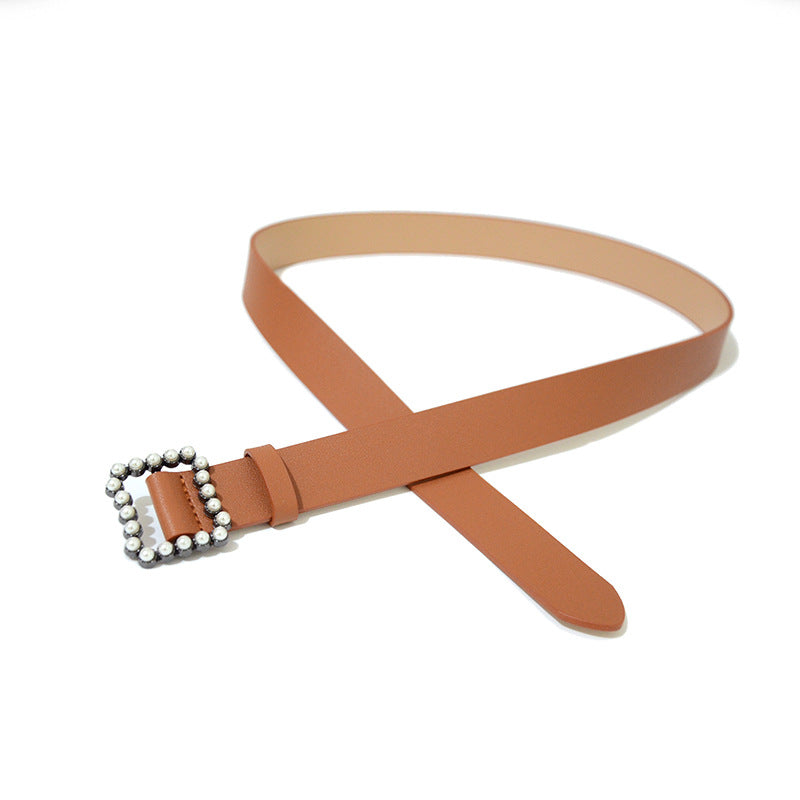 Faux leather pearl buckle belt fashion