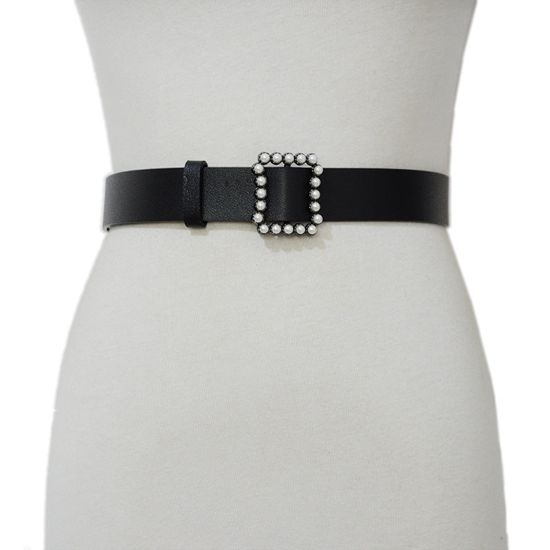 Faux leather pearl buckle belt fashion