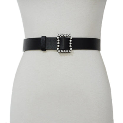 Faux leather pearl buckle belt fashion