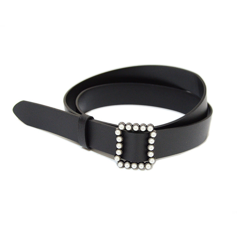 Faux leather pearl buckle belt fashion