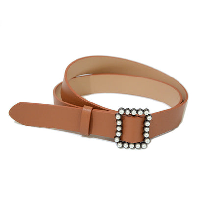 Faux leather pearl buckle belt fashion
