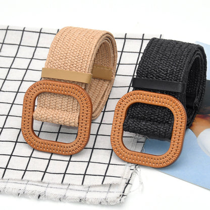 Cotton and linen wind woven belt women's round buckle