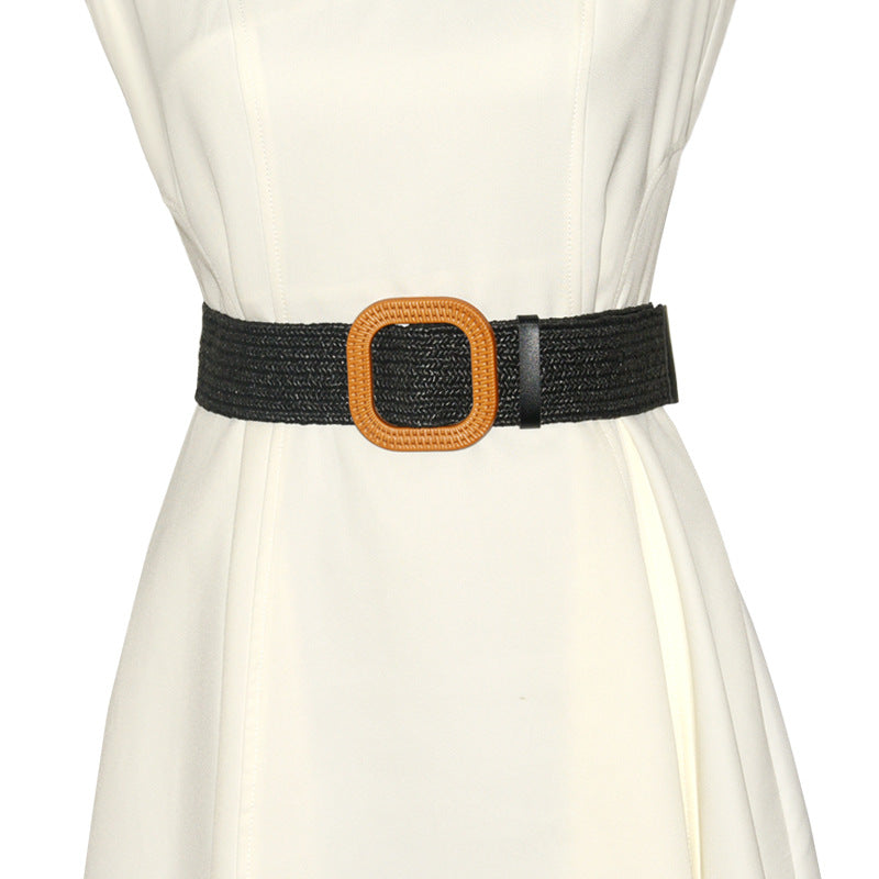 Cotton and linen wind woven belt women's round buckle