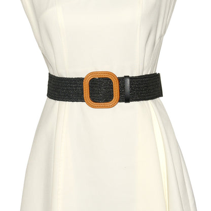 Cotton and linen wind woven belt women's round buckle