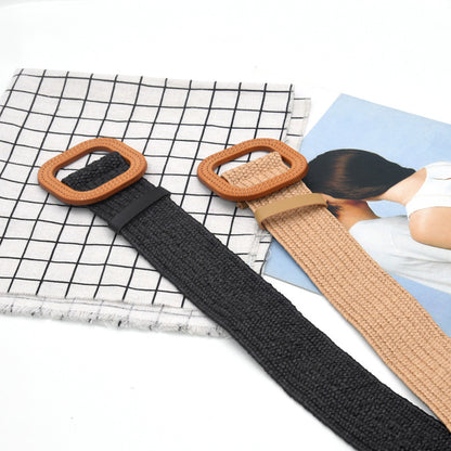 Cotton and linen wind woven belt women's round buckle