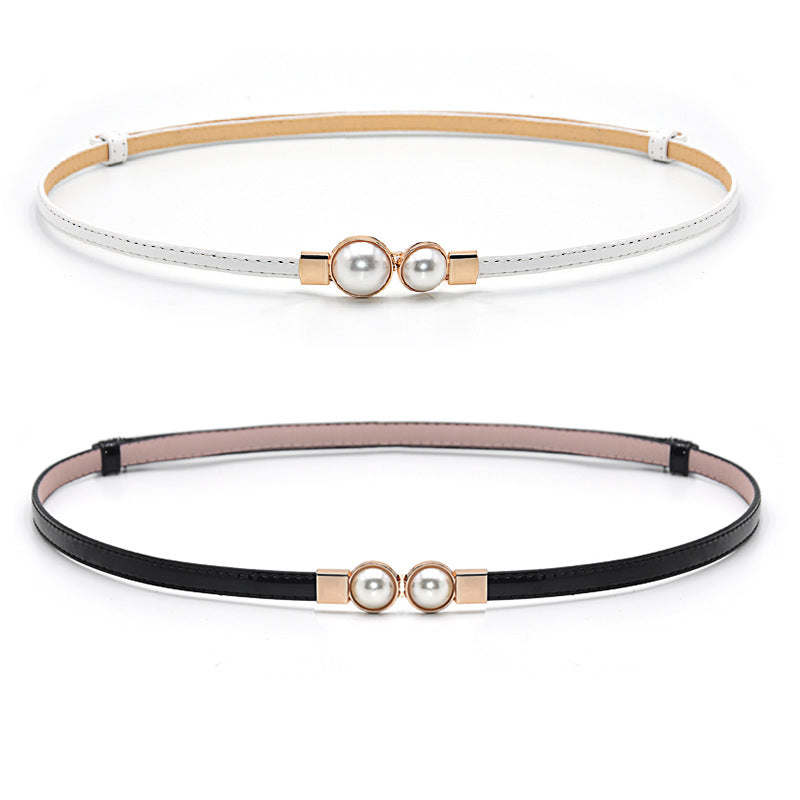 Patent leather pearl thin belt