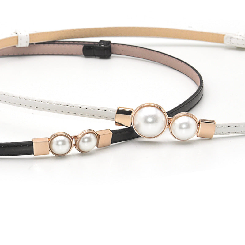 Patent leather pearl thin belt