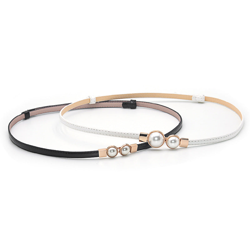 Patent leather pearl thin belt