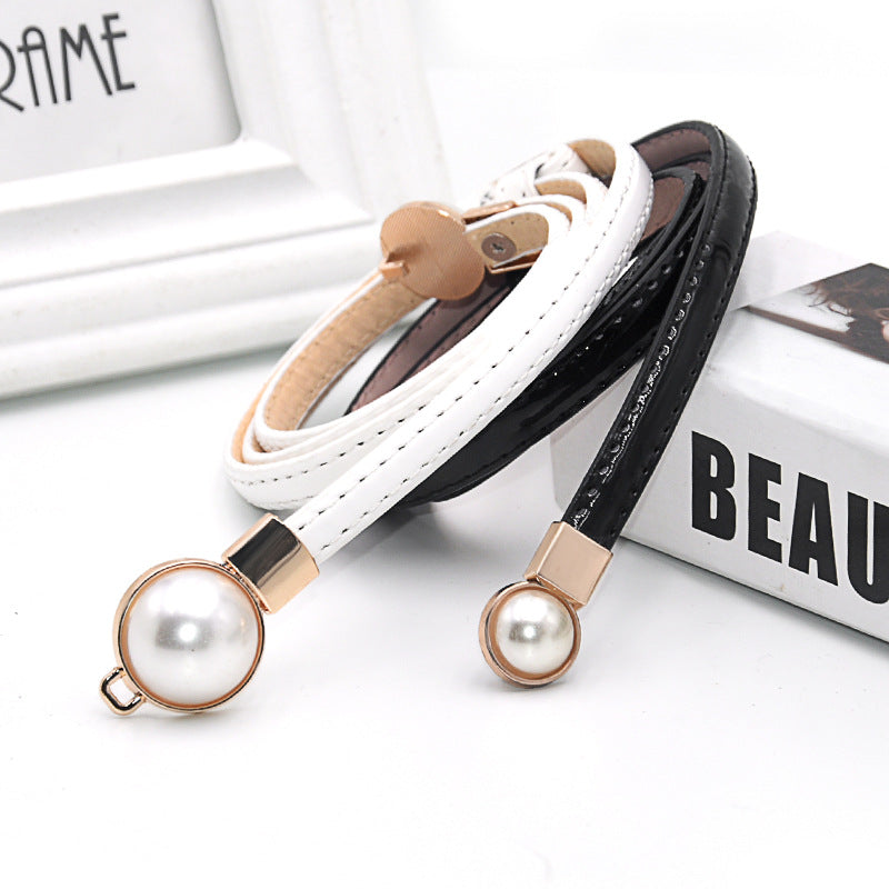 Patent leather pearl thin belt