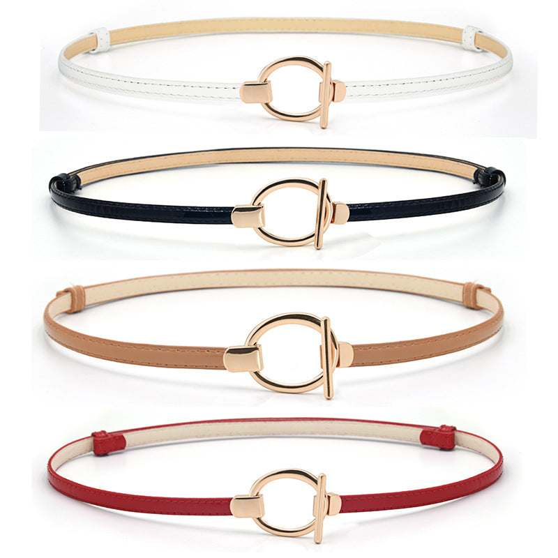 Patent leather round buckle thin belt