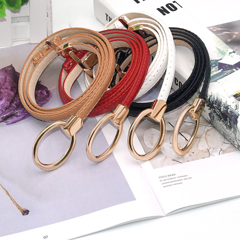 Patent leather round buckle thin belt