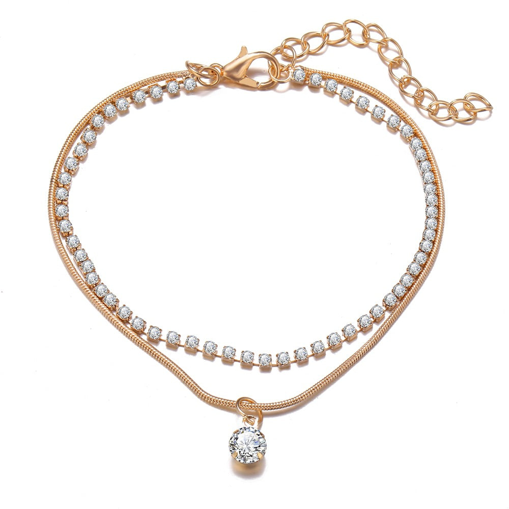 Double-Layer Snake Bone Anklet with Rhinestones