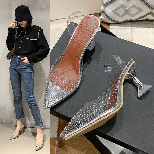 Transparent rhinestone stiletto sandals