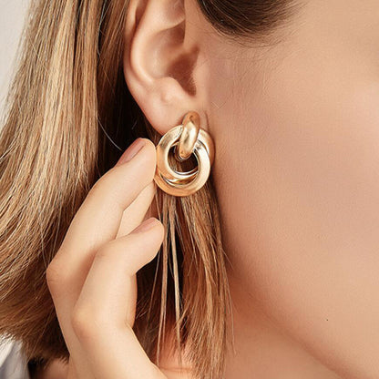 Alloy double round two-ring interlocking earrings