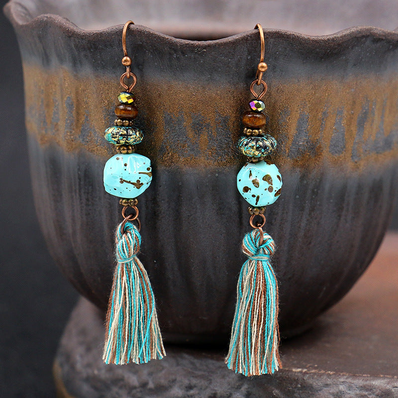Ethnic style size rice bead pendant earrings