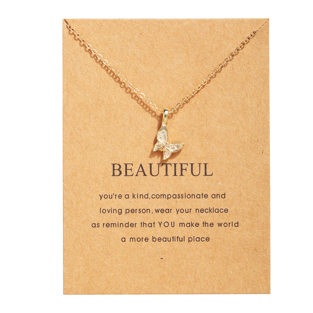 Collar de aleación con forma de mariposa y tarjeta de papel con letras antiguas 