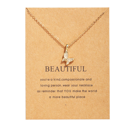 Collar de aleación con forma de mariposa y tarjeta de papel con letras antiguas 