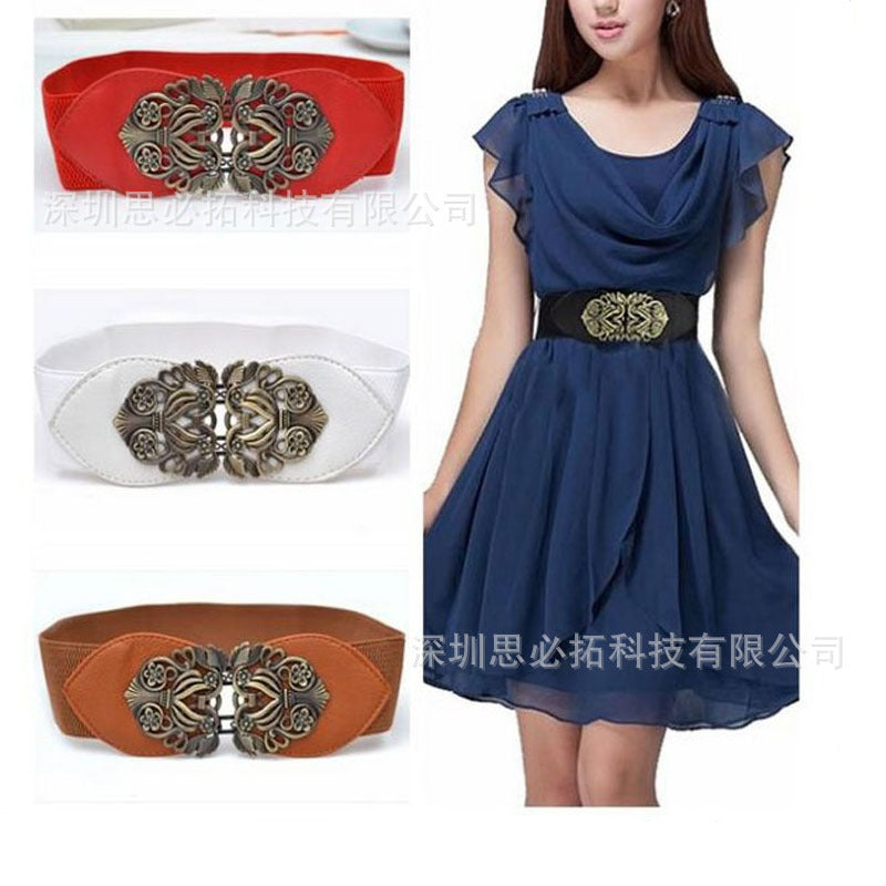 Engraved pair buckle elastic wide waist seal