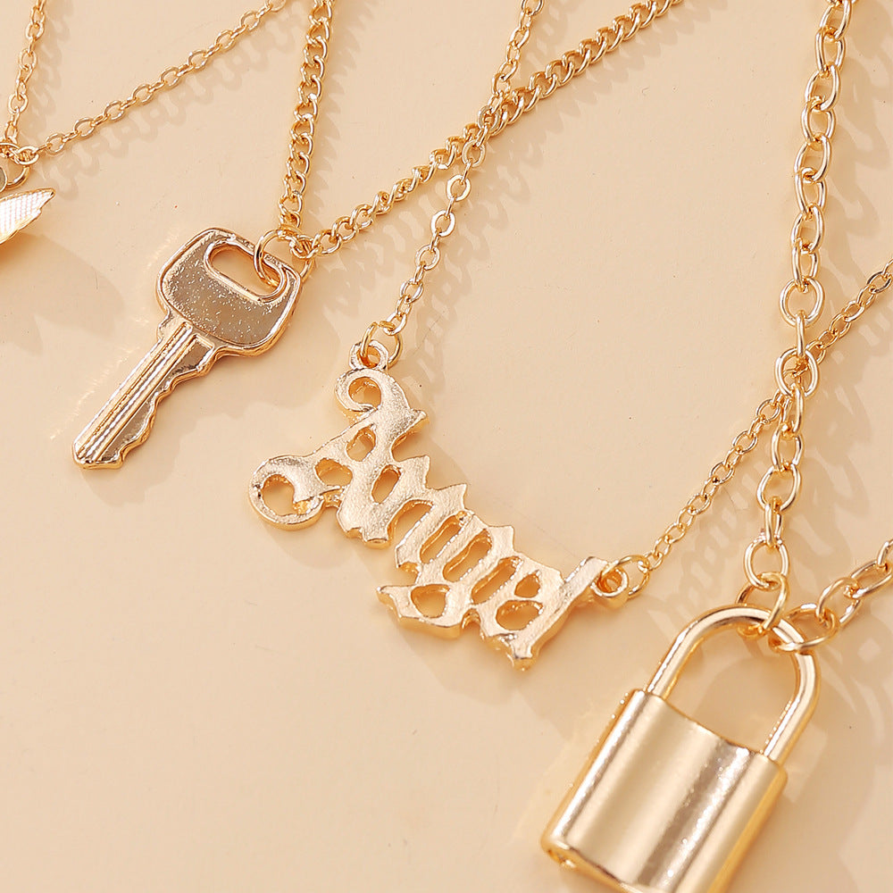 Multi-Layer Lock & Rose Necklace Set